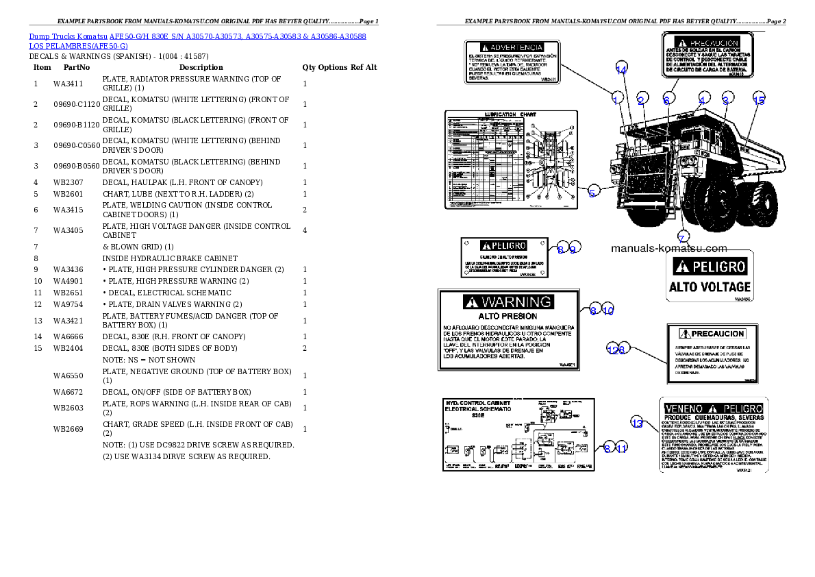 AFE50-G/H 830E S/N A30570-A30573, A30575-A30583 & A30586-A30588 LOS PELAMBRES Partsbook