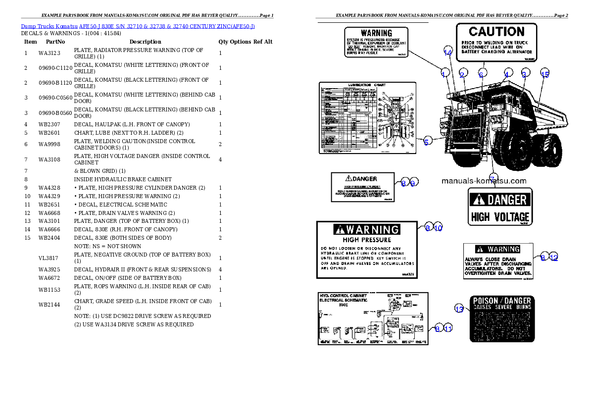 AFE50-J  830E S/N 32710 & 32738 & 32740  CENTURY ZINC Partsbook