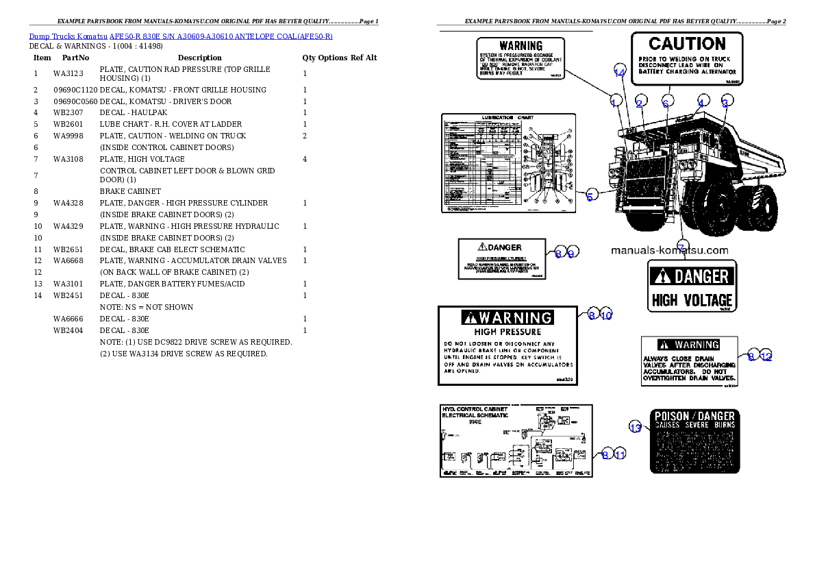 AFE50-R  830E S/N A30609-A30610 ANTELOPE COAL Partsbook