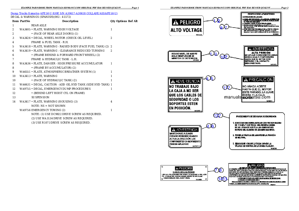 AFE50-U 830E S/N A30617-A30618 COLLAHUASI Partsbook