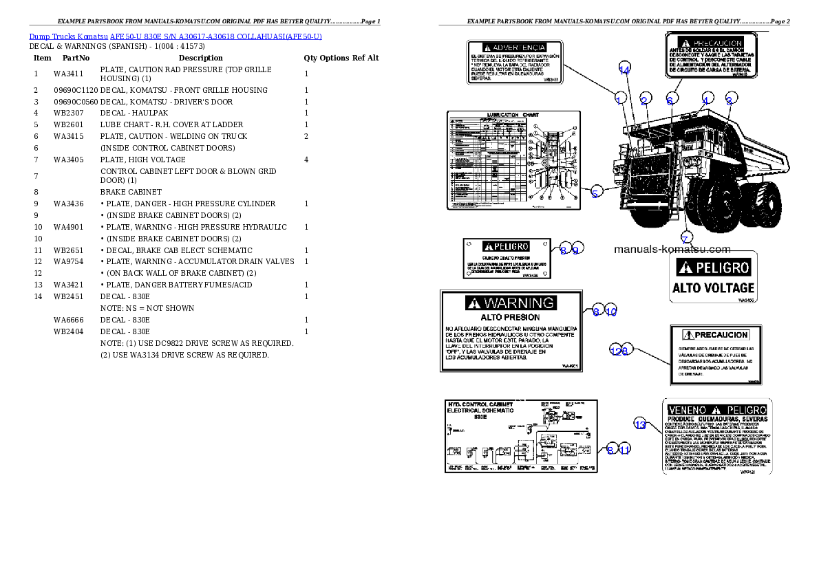 AFE50-U 830E S/N A30617-A30618 COLLAHUASI Partsbook