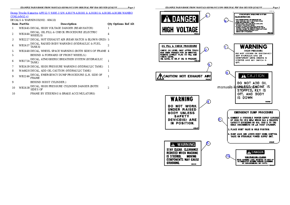 AFE52-V 930E-3 S/N A30379-A30381 & A30383 & A30385-A30386  WAMBO COAL Partsbook