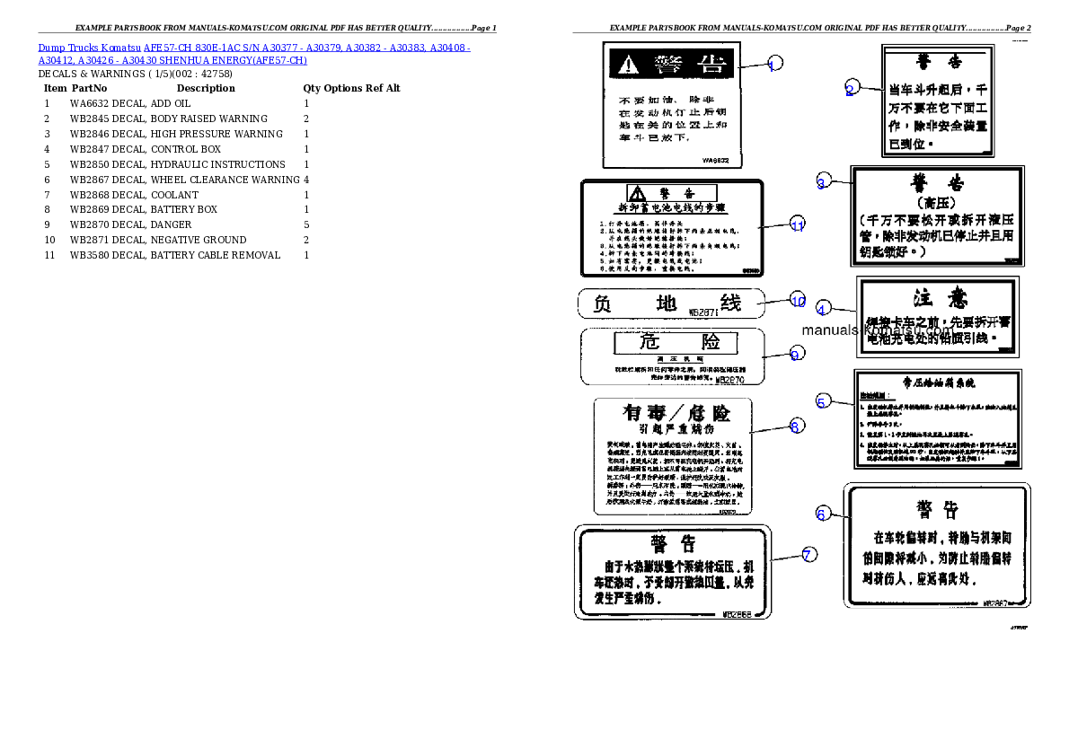 AFE57-CH 830E-1AC S/N A30377 - A30379, A30382 - A30383, A30408 - A30412, A30426 - A30430     SHENHUA ENERGY Partsbook