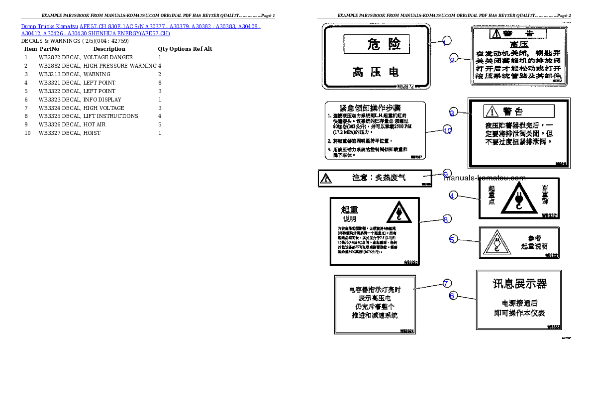 AFE57-CH 830E-1AC S/N A30377 - A30379, A30382 - A30383, A30408 - A30412, A30426 - A30430     SHENHUA ENERGY Partsbook