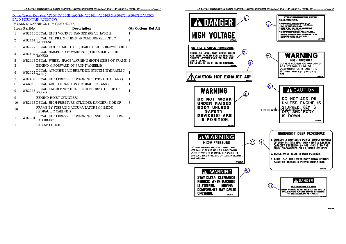 AFE57-CV 830E-1AC S/N A30461 - A30463 & A30470 - A30472     BARRICK BALD MOUNTAIN Partsbook