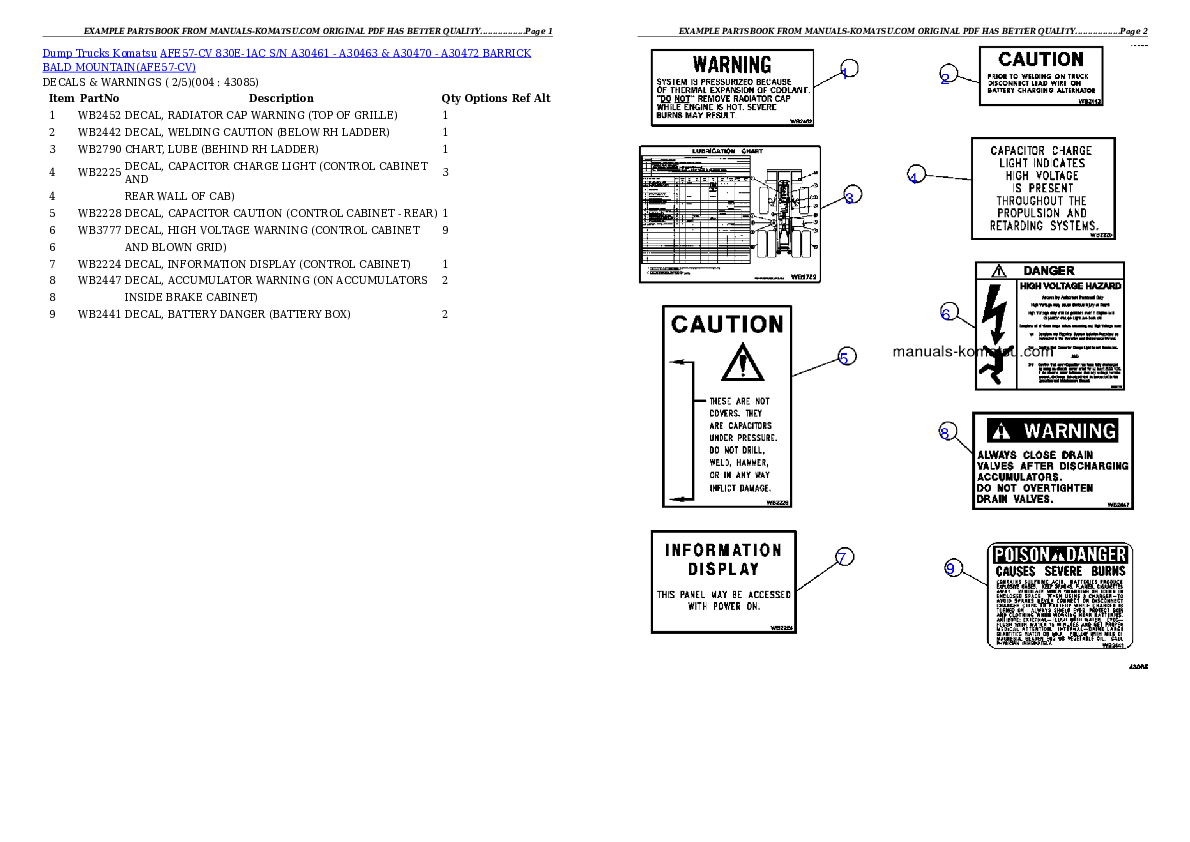 AFE57-CV 830E-1AC S/N A30461 - A30463 & A30470 - A30472     BARRICK BALD MOUNTAIN Partsbook