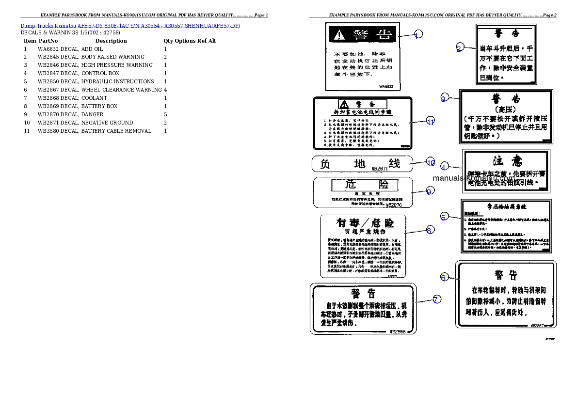 AFE57-DY 830E-1AC S/N A30554 - A30557     SHENHUA Partsbook