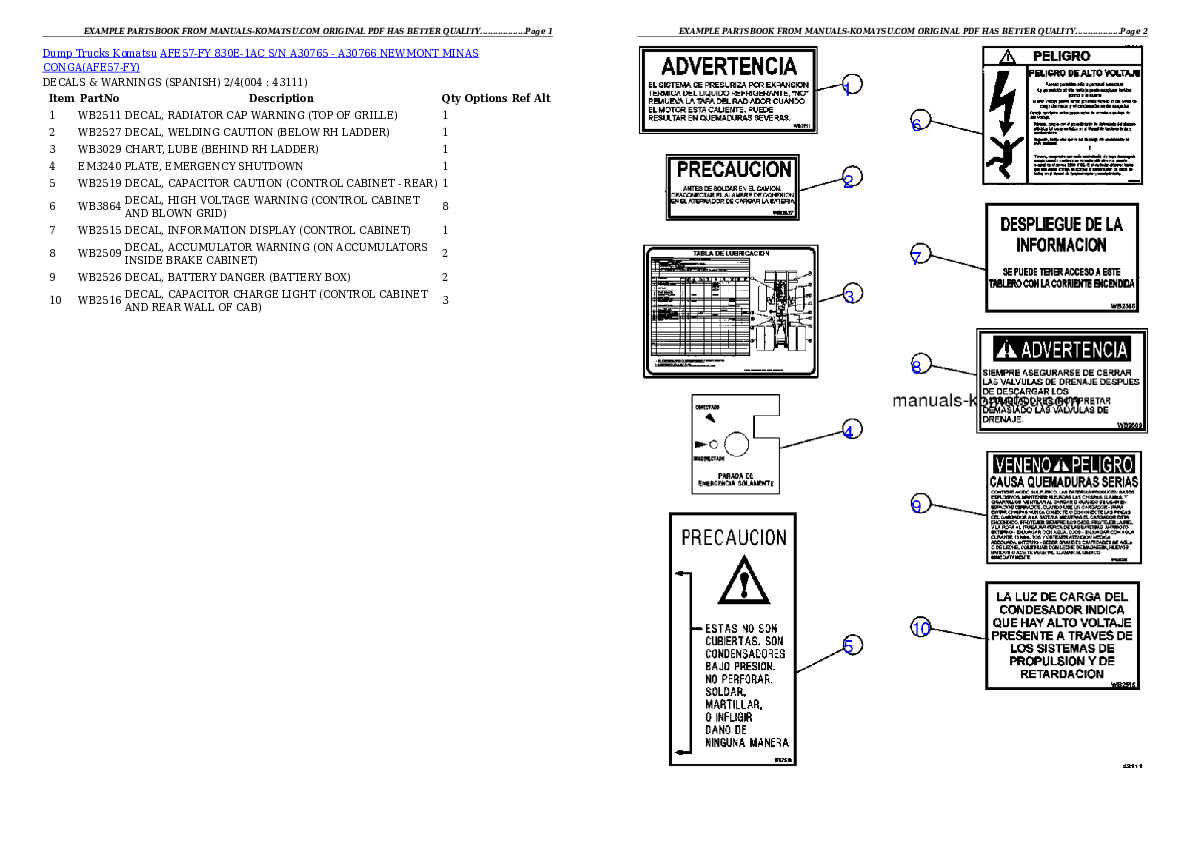 AFE57-FY 830E-1AC S/N A30765 - A30766  NEWMONT MINAS CONGA Partsbook