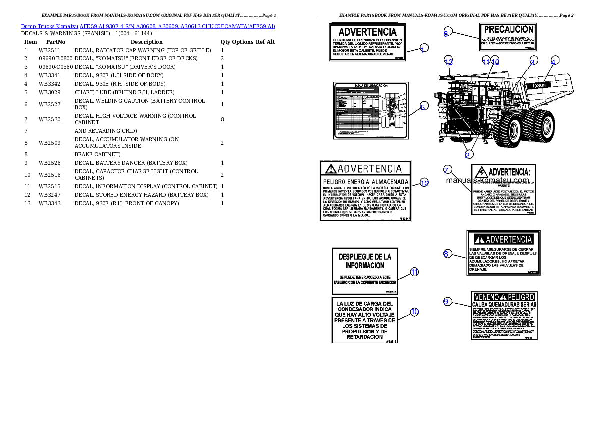 AFE59-AJ 930E-4 S/N A30608, A30609, A30613    CHUQUICAMATA Partsbook