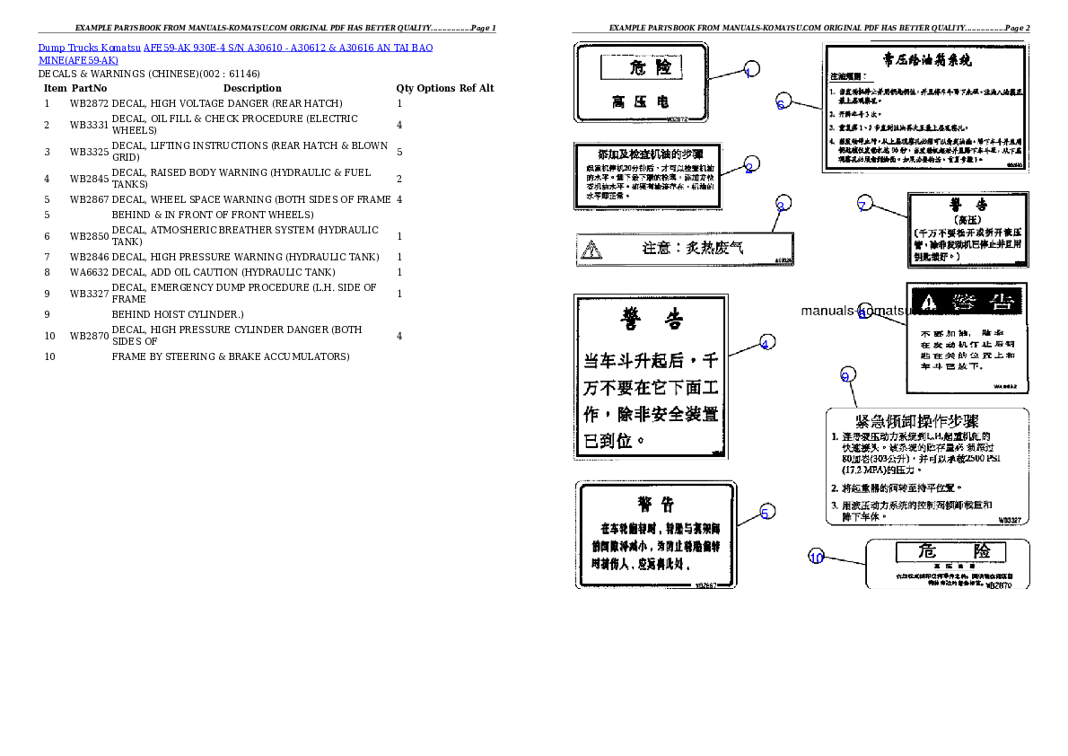 AFE59-AK 930E-4 S/N A30610 - A30612 & A30616   AN TAI BAO MINE Partsbook