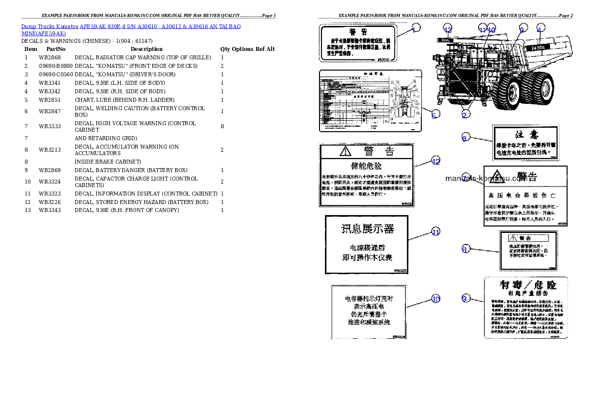 AFE59-AK 930E-4 S/N A30610 - A30612 & A30616   AN TAI BAO MINE Partsbook