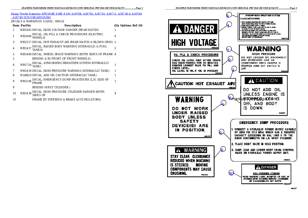 AFE59-BK 930E-4 S/N A30704, A30705, A30710, A30711, A30736 & A30746 - A30748     SUNCOR Partsbook