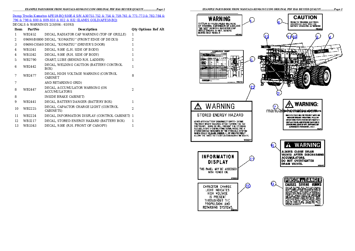 AFE59-BQ 930E-4 S/N A30751-752 & 754 & 759-761 & 771-773 & 782-784 & 796 & 798 & 800 & 809-810 & 812 & 832 GLAMIS GOLD Partsbook