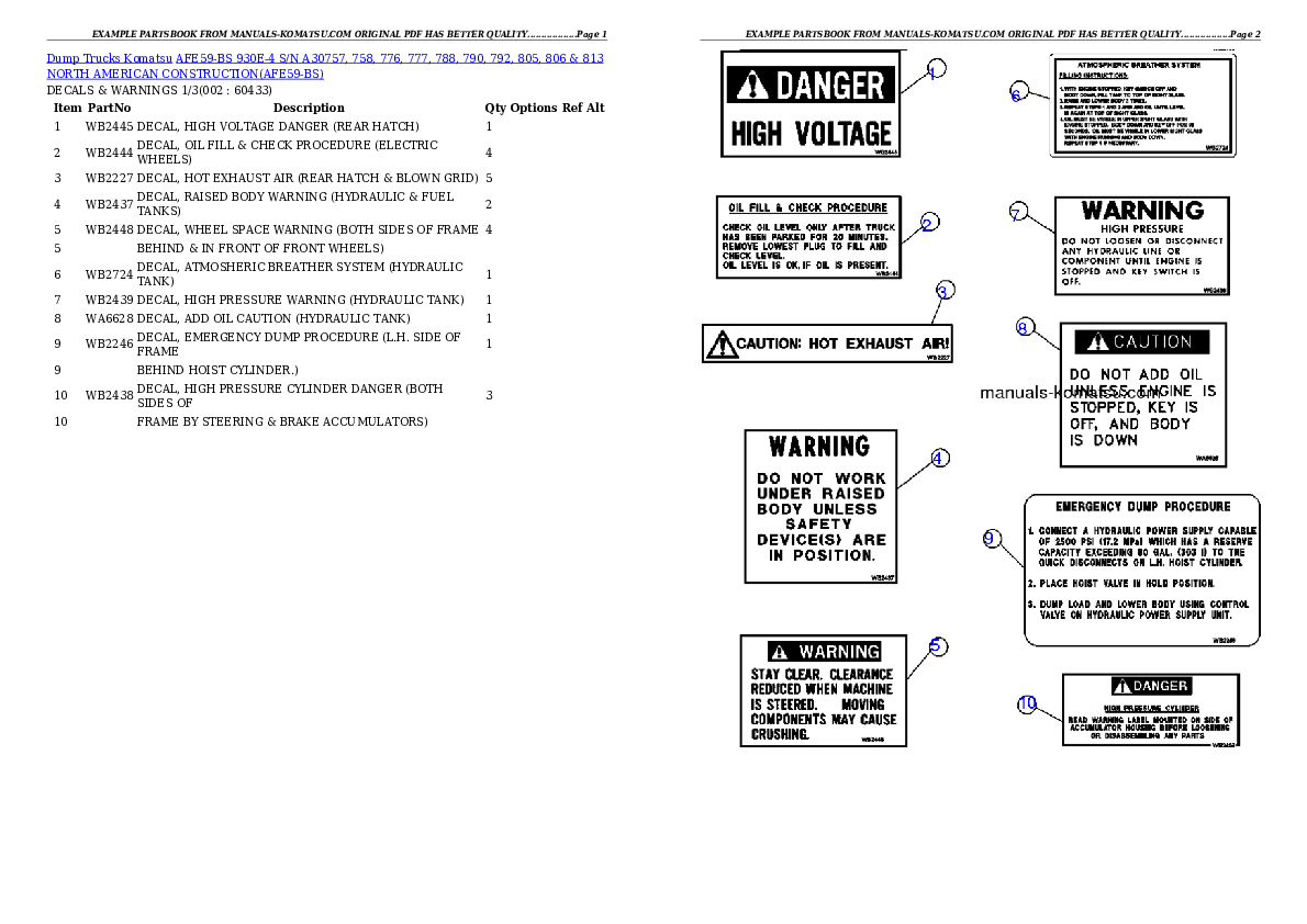 AFE59-BS 930E-4 S/N A30757, 758, 776, 777, 788, 790, 792, 805, 806 & 813   NORTH AMERICAN CONSTRUCTION Partsbook