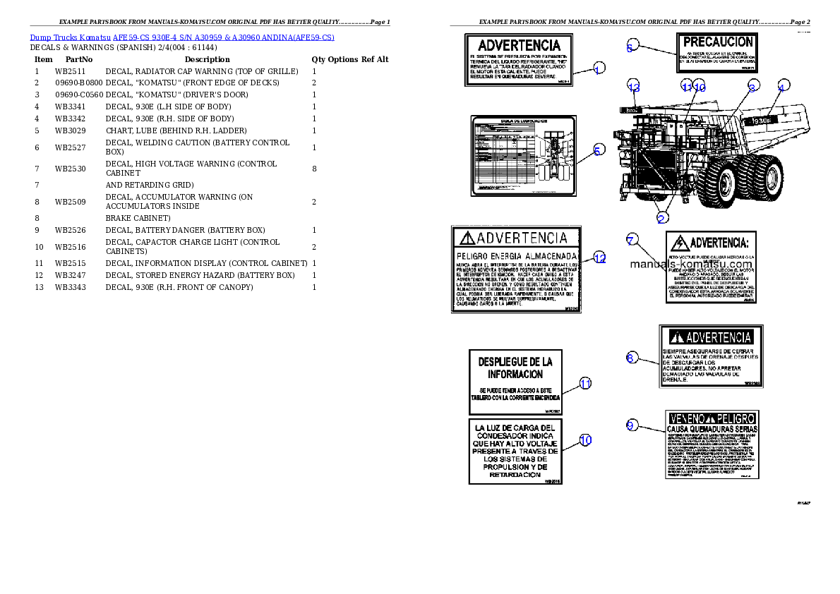 AFE59-CS 930E-4 S/N A30959 & A30960      ANDINA Partsbook