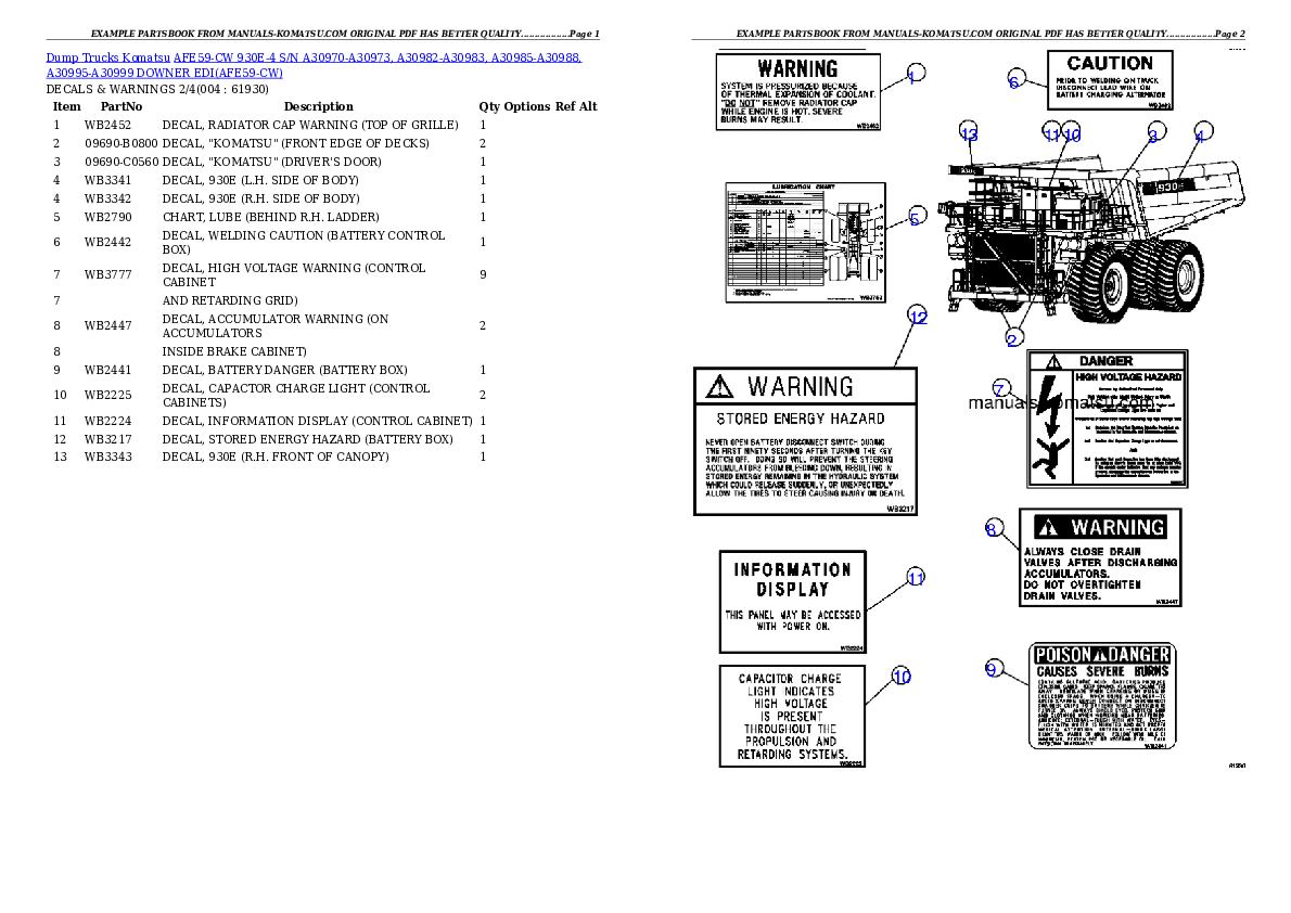 AFE59-CW 930E-4 S/N A30970-A30973, A30982-A30983, A30985-A30988, A30995-A30999    DOWNER EDI Partsbook