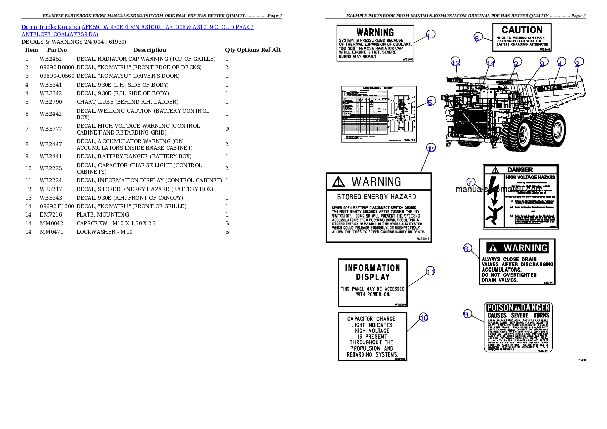 AFE59-DA 930E-4 S/N A31002 - A31006 & A31019    CLOUD PEAK / ANTELOPE COAL Partsbook