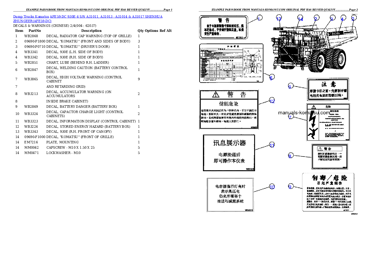 AFE59-DC 930E-4 S/N A31011, A31013 - A31014 & A31017     SHENHUA ZHUNGEER Partsbook