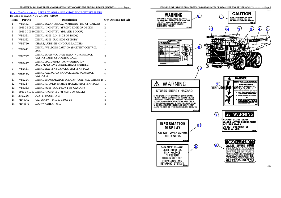 AFE59-DD 930E-4 S/N A31012      HYCROFT Partsbook