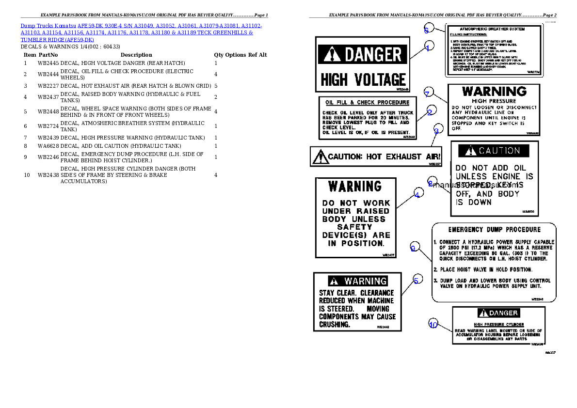 AFE59-DK 930E-4 S/N A31049, A31052, A31061, A31079-A31081, A31102-A31103, A31154, A31156, A31174, A31176, A31178, A31180 & A31189   TECK GREENHILLS & TUMBLER RIDGE Partsbook