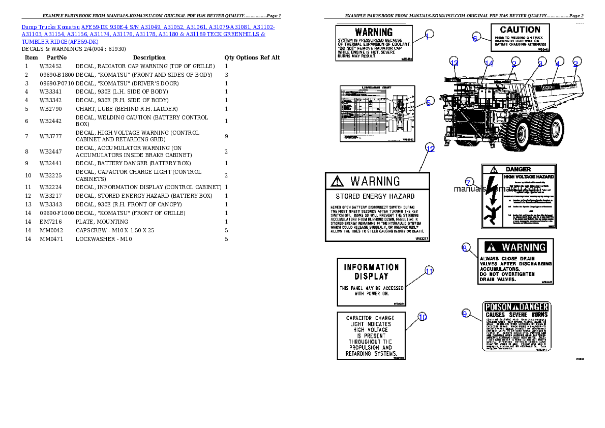 AFE59-DK 930E-4 S/N A31049, A31052, A31061, A31079-A31081, A31102-A31103, A31154, A31156, A31174, A31176, A31178, A31180 & A31189   TECK GREENHILLS & TUMBLER RIDGE Partsbook