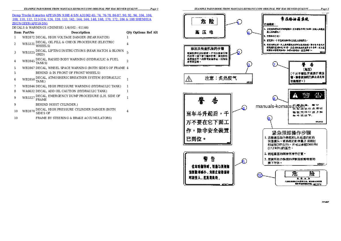 AFE59-DN 930E-4 S/N A31062-65, 74, 76-78, 86-87, 90, 92, 94, 104, 106, 108, 110, 112, 123-124, 126, 128, 133, 142, 144, 146, 148, 168, 170, 172, 184 & 188   SHENHUA ZHUNGEER Partsbook