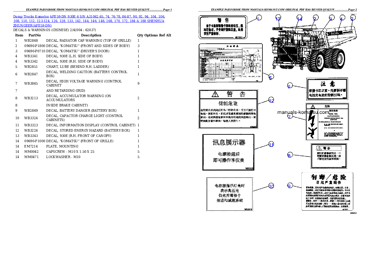 AFE59-DN 930E-4 S/N A31062-65, 74, 76-78, 86-87, 90, 92, 94, 104, 106, 108, 110, 112, 123-124, 126, 128, 133, 142, 144, 146, 148, 168, 170, 172, 184 & 188   SHENHUA ZHUNGEER Partsbook