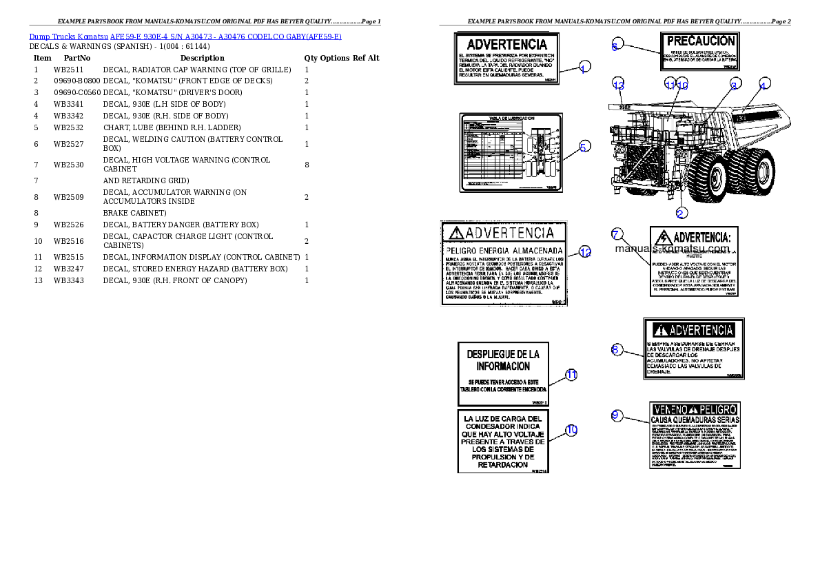 AFE59-E 930E-4 S/N A30473 - A30476     CODELCO GABY Partsbook