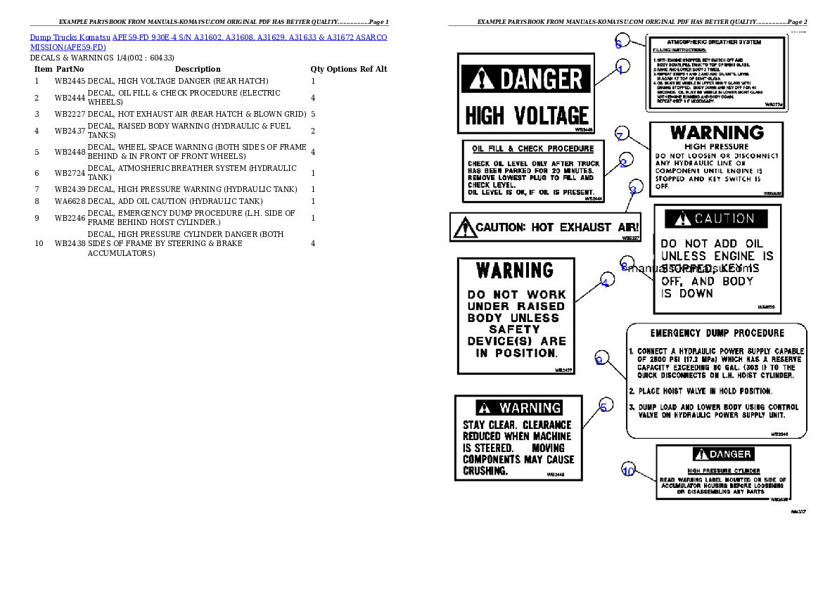 AFE59-FD 930E-4 S/N A31602, A31608, A31629, A31633 & A31672  ASARCO MISSION Partsbook