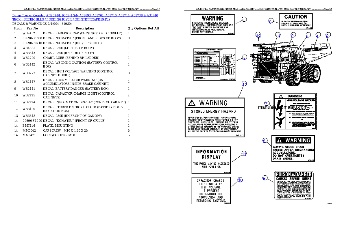 AFE59-FL 930E-4 S/N A31693, A31701, A31710, A31714, A31738 & A31740  TECK - GREENHILLS / FORDING RIVER / QUINTETTE Partsbook