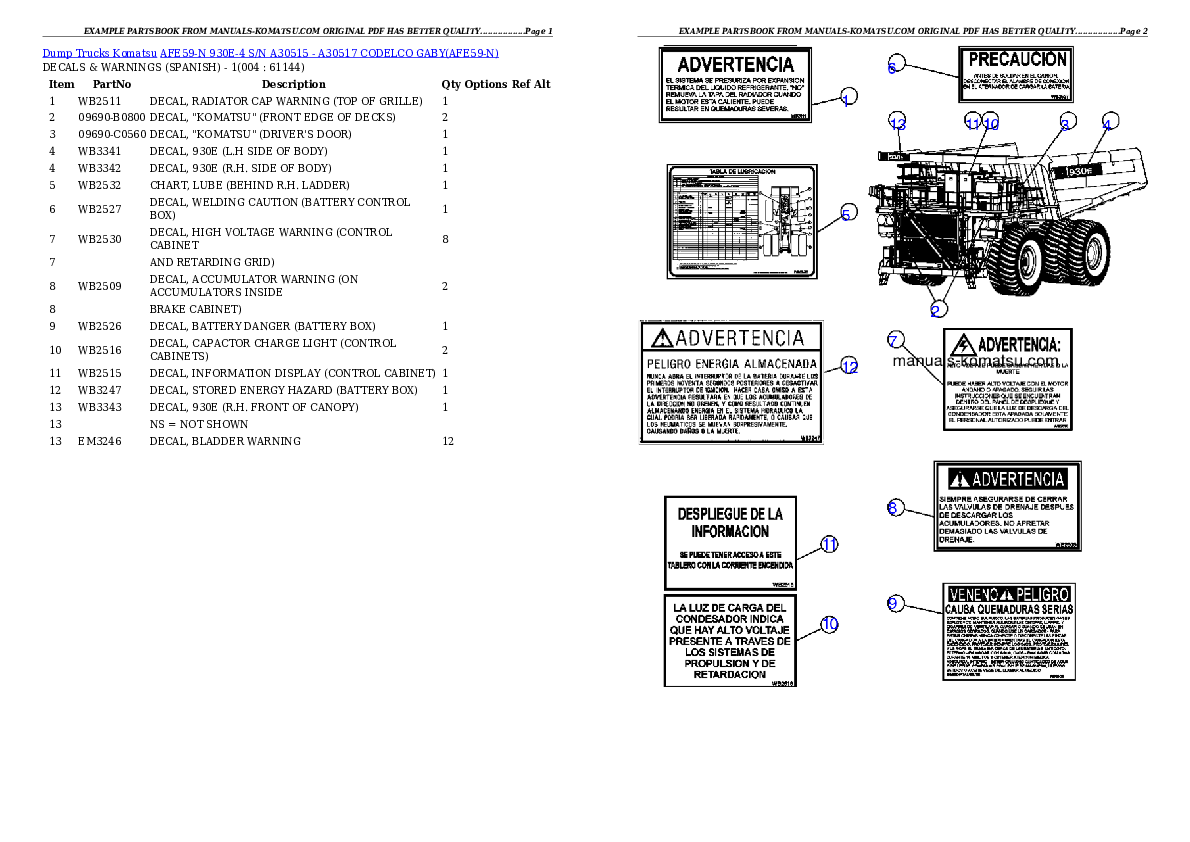 AFE59-N 930E-4 S/N A30515 - A30517     CODELCO GABY Partsbook