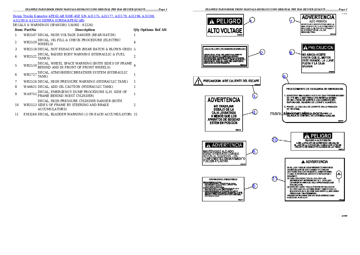 AFE62-AB 930E-4SE S/N A31175, A31177, A31179, A31196, A31198, A31200 & A31216    SIERRA GORDA Partsbook