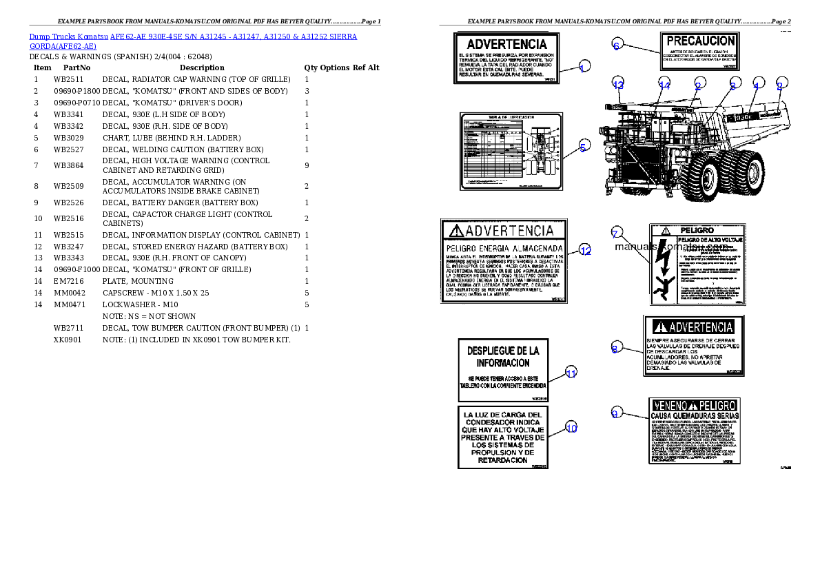 AFE62-AE 930E-4SE S/N A31245 - A31247, A31250 & A31252    SIERRA GORDA Partsbook