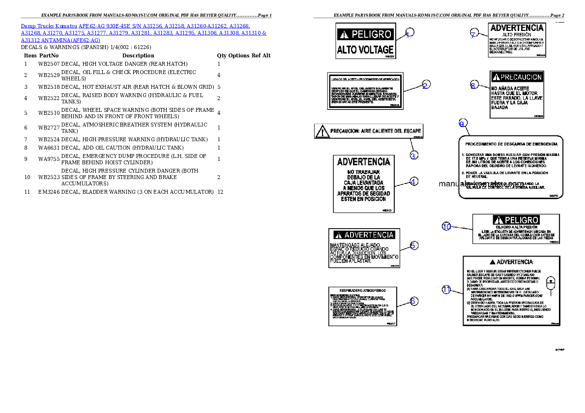 AFE62-AG 930E-4SE S/N A31256, A31258, A31260-A31262, A31266, A31268, A31270, A31275, A31277, A31279, A31281, A31283, A31295, A31306, A31308, A31310 & A31312 ANTAMINA Partsbook