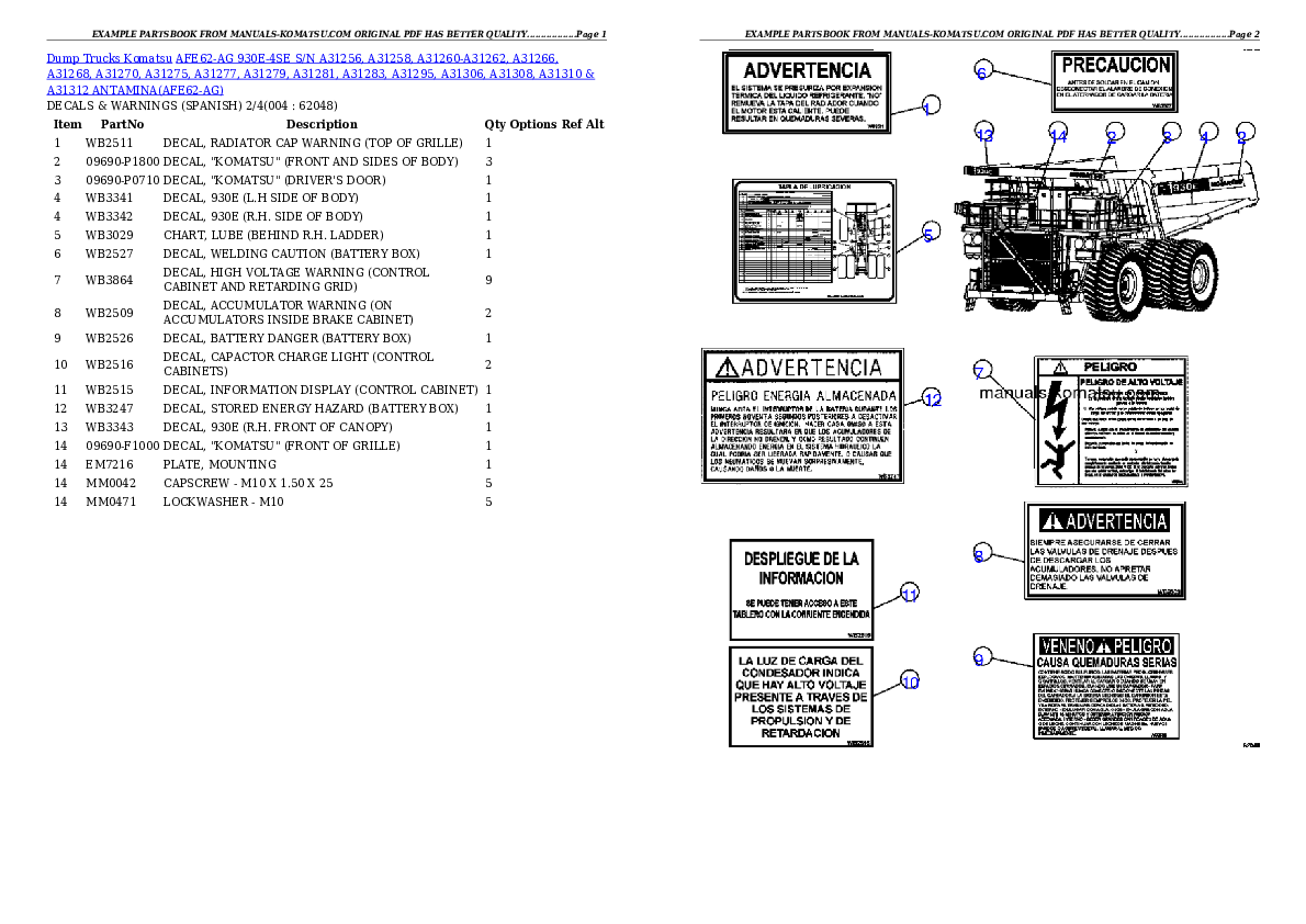 AFE62-AG 930E-4SE S/N A31256, A31258, A31260-A31262, A31266, A31268, A31270, A31275, A31277, A31279, A31281, A31283, A31295, A31306, A31308, A31310 & A31312 ANTAMINA Partsbook