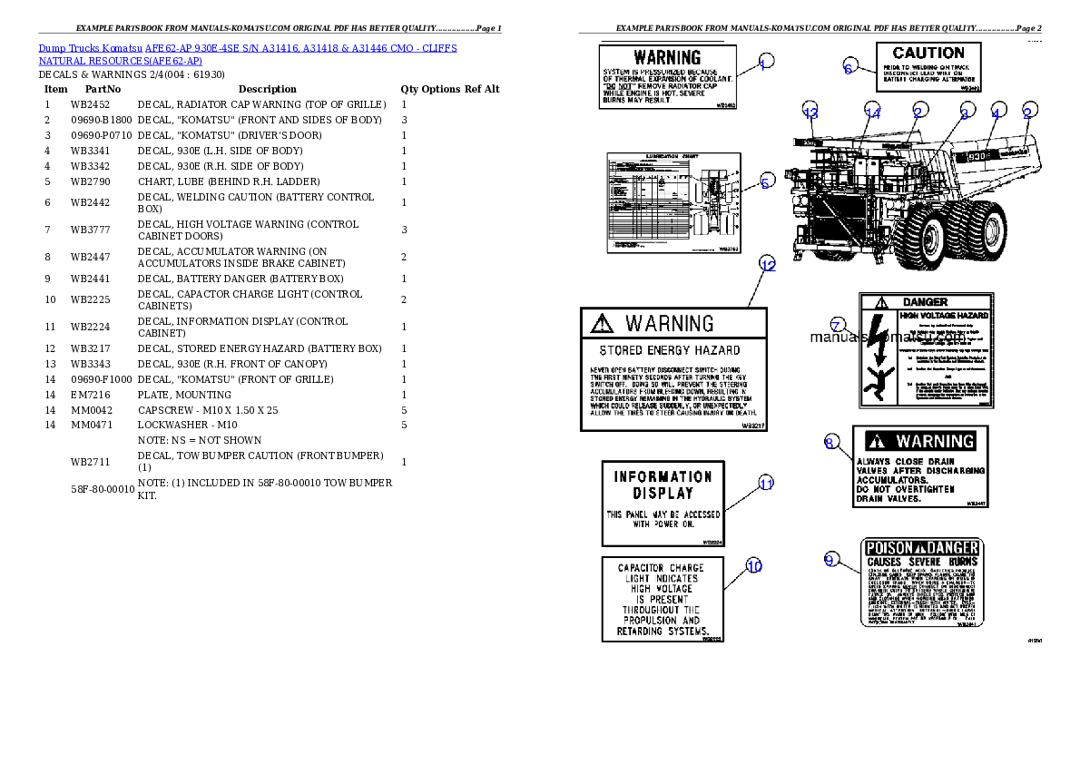 AFE62-AP 930E-4SE S/N A31416, A31418 & A31446  CMO - CLIFF NATURAL RESOURCES Partsbook