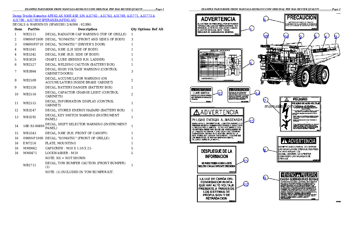 AFE62-AX 930E-4SE S/N A31762 - A31763, A31769, A31771, A31773 & A31786 - A31789  ESPERANZA Partsbook