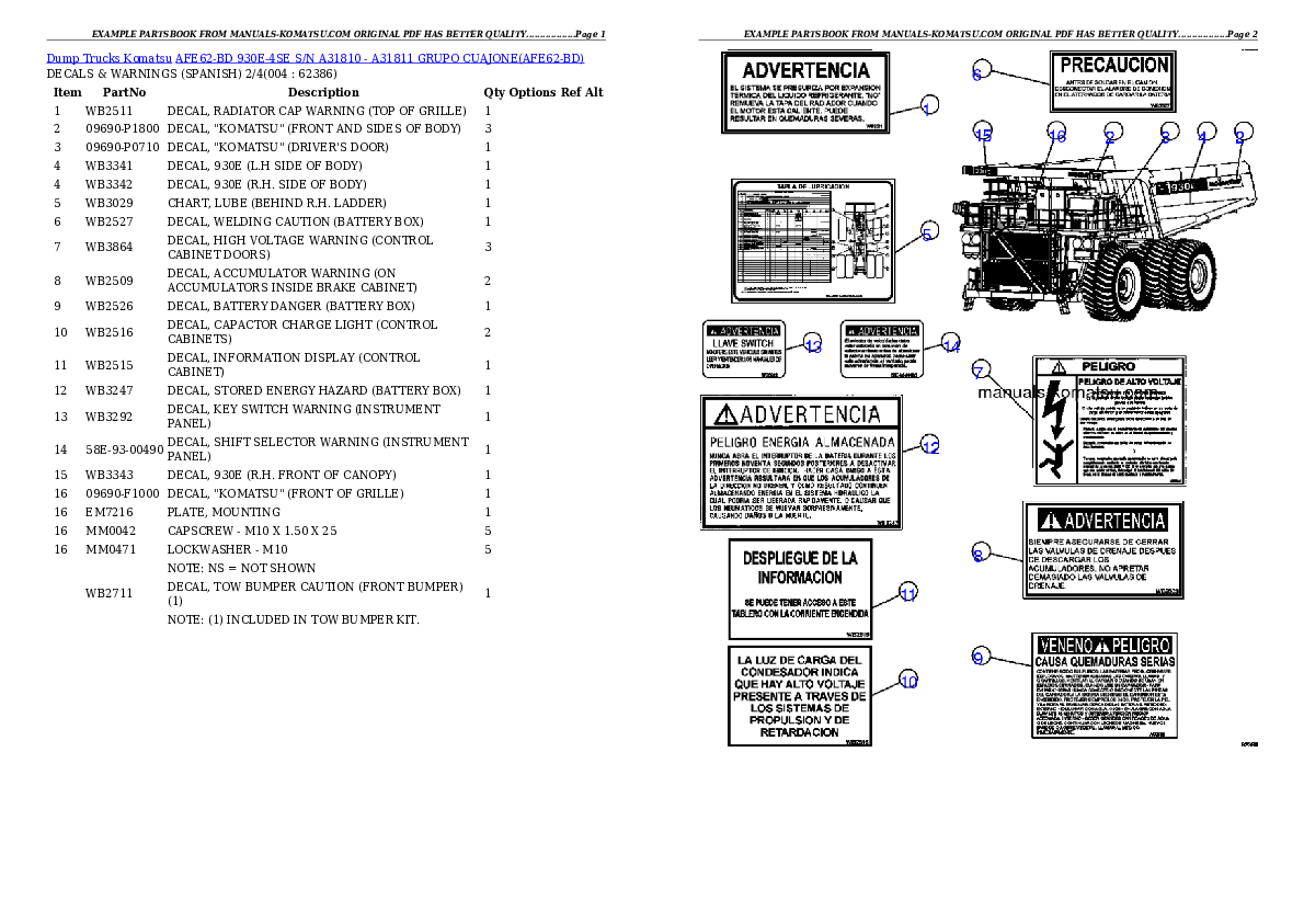 AFE62-BD 930E-4SE S/N A31810 - A31811  GRUPO CUAJONE Partsbook