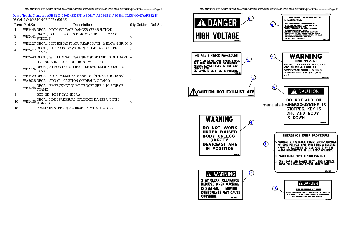 AFE62-D 930E-4SE S/N A30647, A30648 & A30654     CLERMONT Partsbook