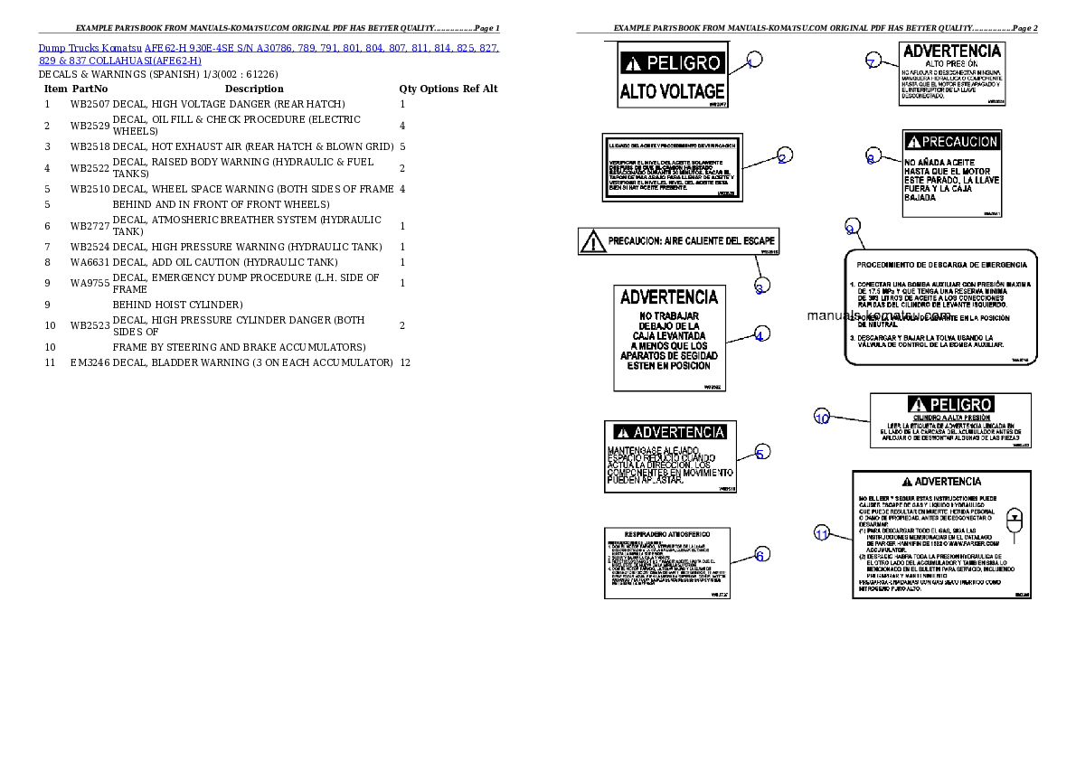 AFE62-H 930E-4SE S/N A30786, 789, 791, 801, 804, 807, 811, 814, 825, 827, 829 & 837    COLLAHUASI Partsbook