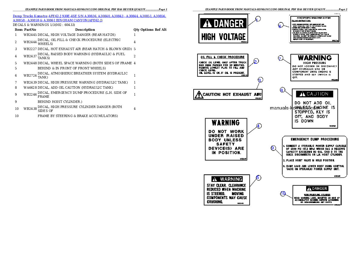 AFE62-J 930E-4SE S/N A30836, A30840, A30843 - A30844, A30851, A30856, A30858 - A30859 & A30861  BINGHAM CANYON Partsbook