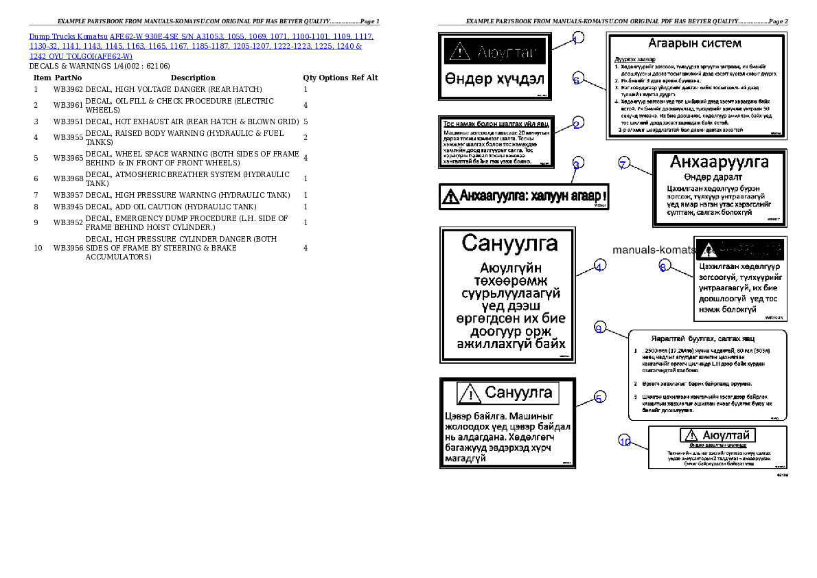 AFE62-W 930E-4SE S/N A31053, 1055, 1069, 1071, 1100-1101, 1109, 1117, 1130-32, 1141, 1143, 1145, 1163, 1165, 1167, 1185-1187, 1205-1207, 1222-1223, 1225, 1240 & 1242 OYU TOLGOI Partsbook