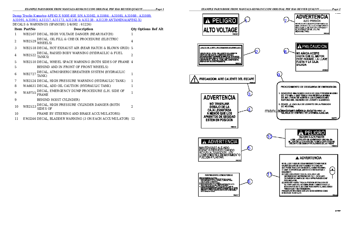 AFE62-X 930E-4SE S/N A31082, A31084 - A31085, A31088 - A31089, A31091, A31093, A31157, A31173, A31236 & A31238 - A31239    ANTAMINA Partsbook