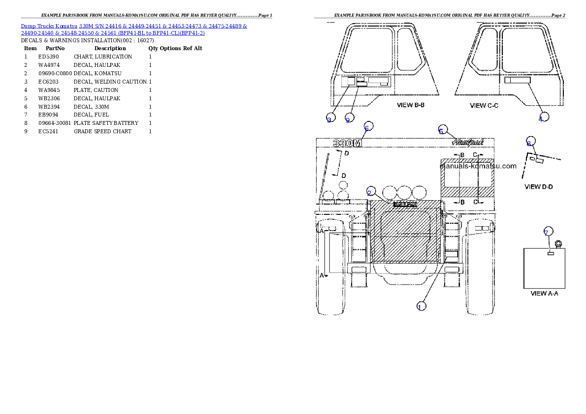 330M S/N 24416 & 24449-24451 & 24453-24473 & 24475-24489 & 24490-24540 & 24548-24550 & 24561 (BFP41-BL to BFP41-CL) Partsbook