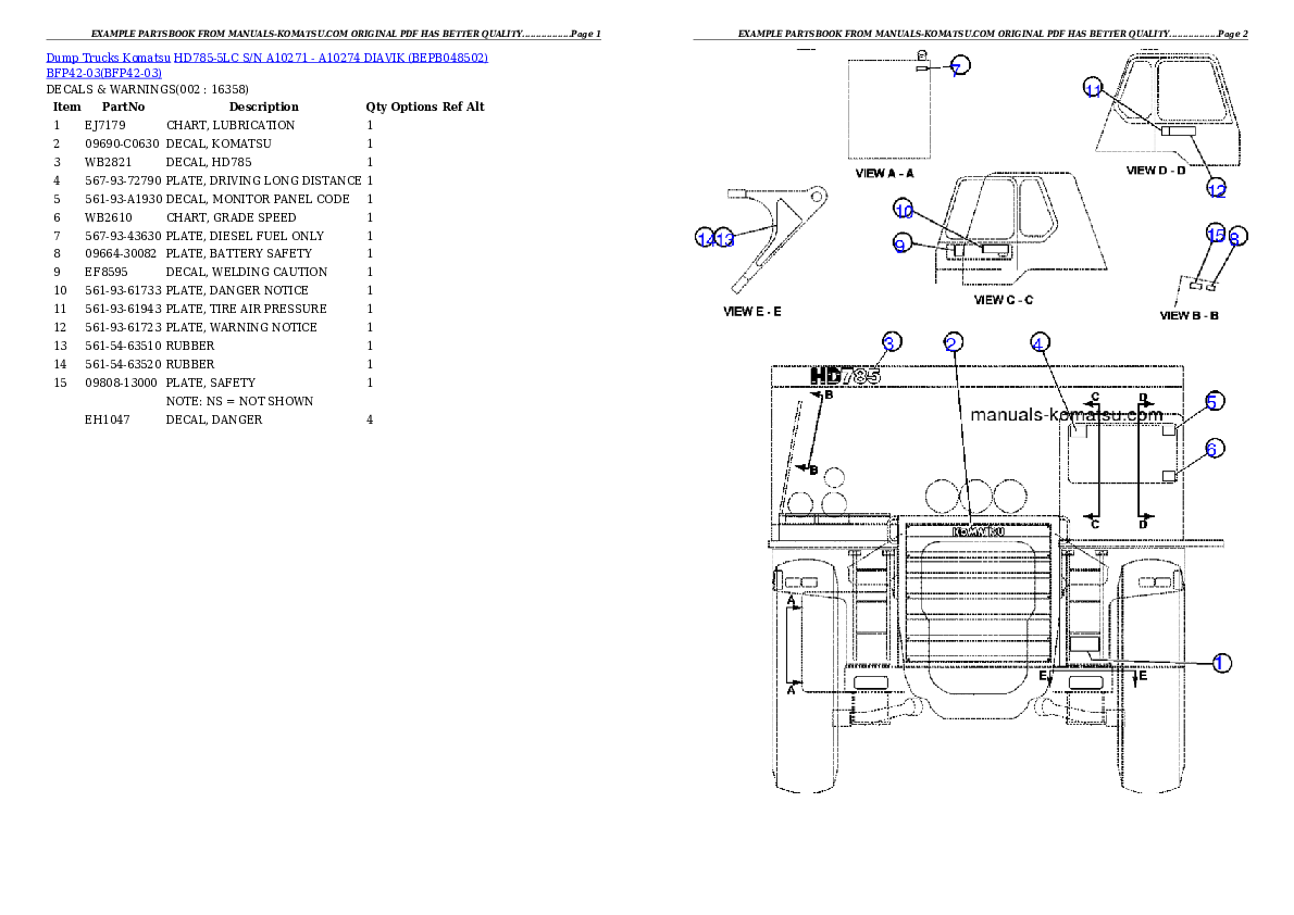 HD785-5LC S/N A10271 - A10274        DIAVIK (BEPB048502) BFP42-03 Partsbook