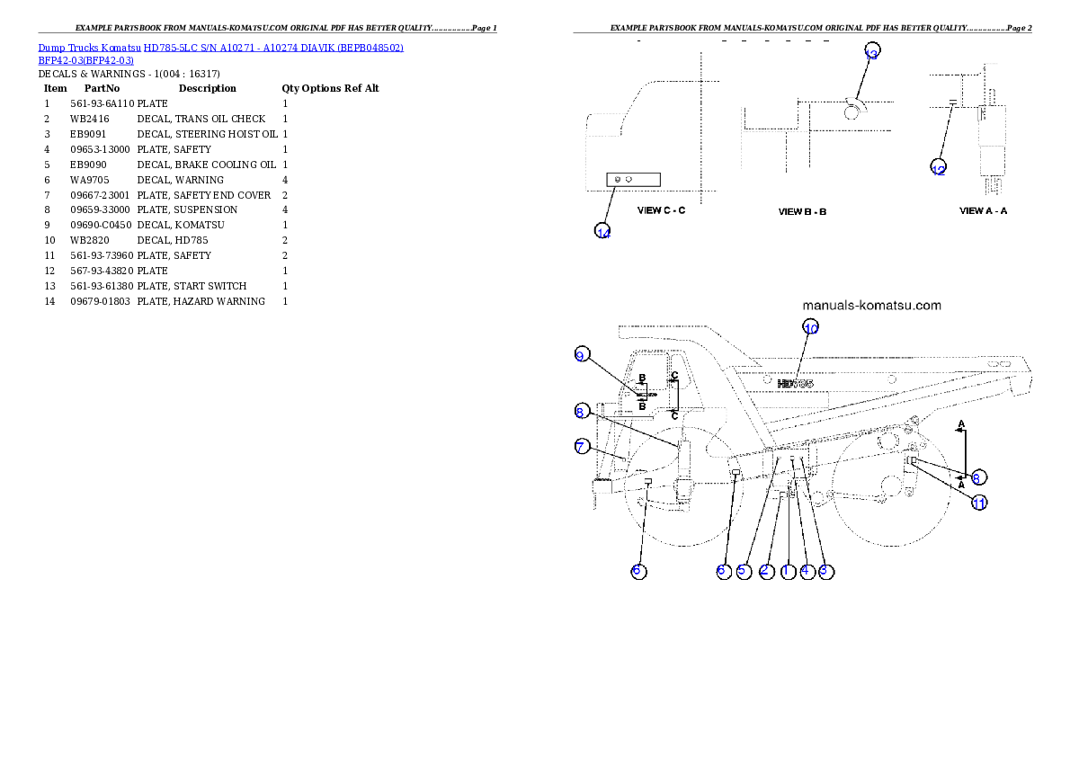 HD785-5LC S/N A10271 - A10274        DIAVIK (BEPB048502) BFP42-03 Partsbook