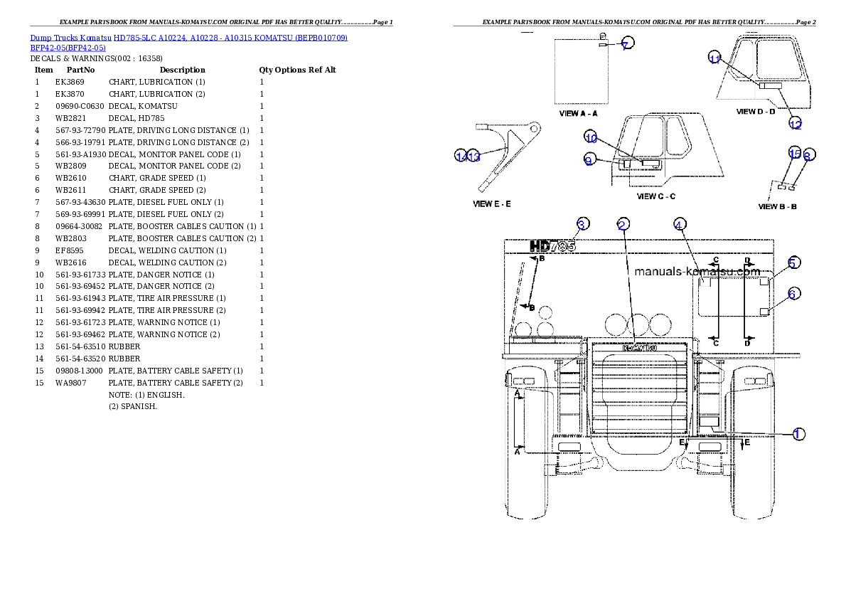 HD785-5LC A10224, A10228 - A10315     KOMATSU (BEPB010709) BFP42-05 Partsbook