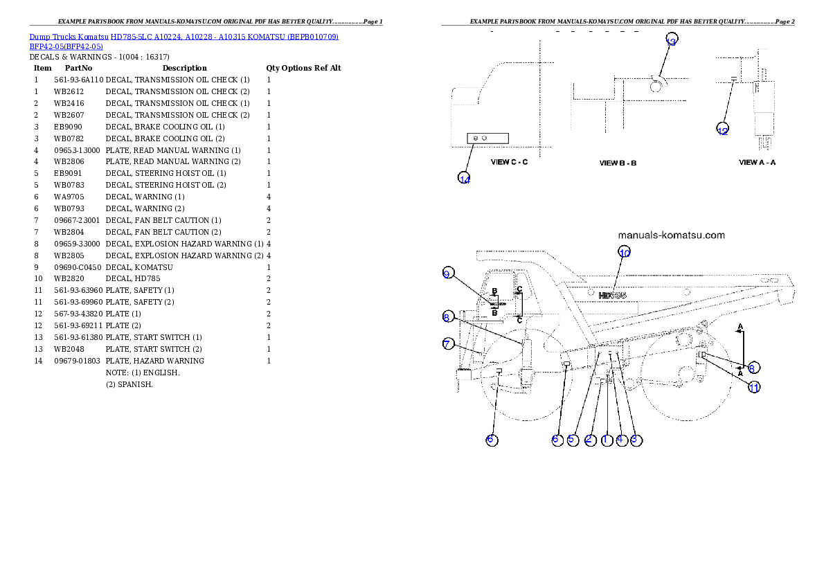 HD785-5LC A10224, A10228 - A10315     KOMATSU (BEPB010709) BFP42-05 Partsbook