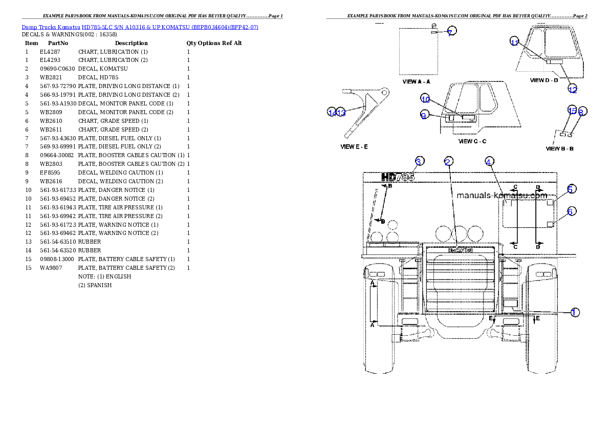 HD785-5LC S/N A10316 & UP      KOMATSU (BEPB034604) Partsbook