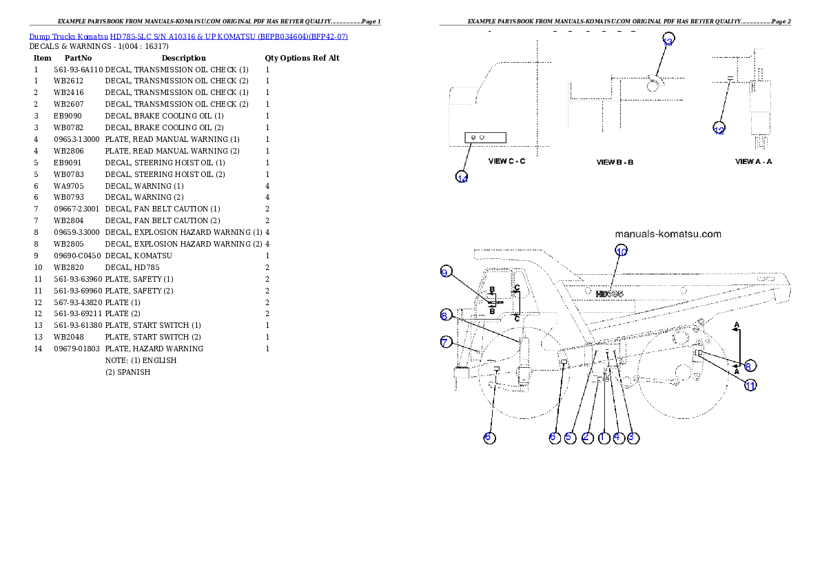 HD785-5LC S/N A10316 & UP      KOMATSU (BEPB034604) Partsbook